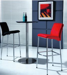 High Top Bar Chair/Stool that can be used in bars, cafes and even kitchen islands. Chrome plated metal frame and leather upholstered seat